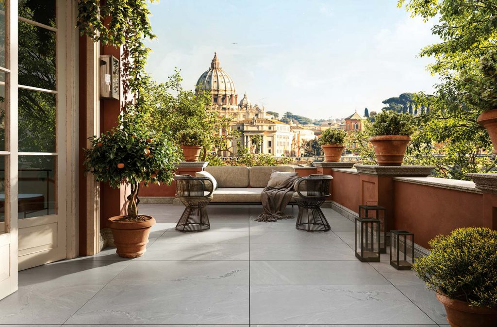 Terrace with raised floor, Way ceramic tiles by Novoceram Fixed on Way Quartz 60×120 Outdoor Plus support