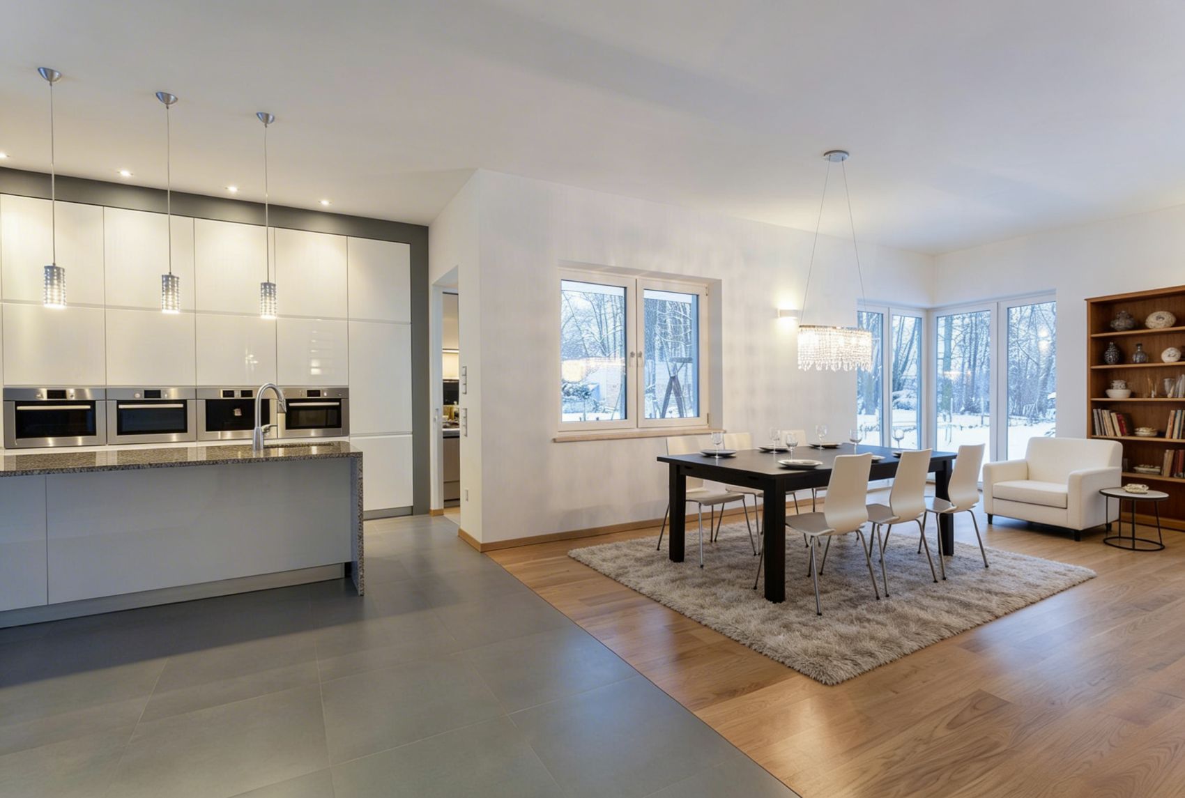 open-plan kitchen separated by kitchen tiles