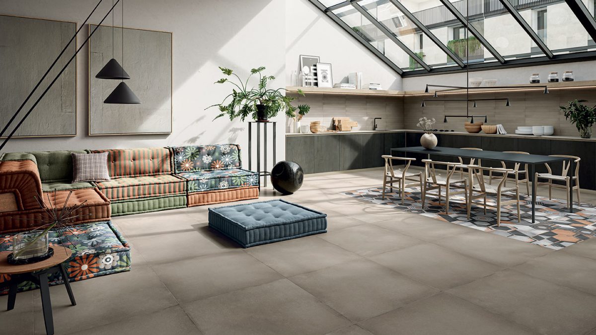 open-plan kitchen rug tile