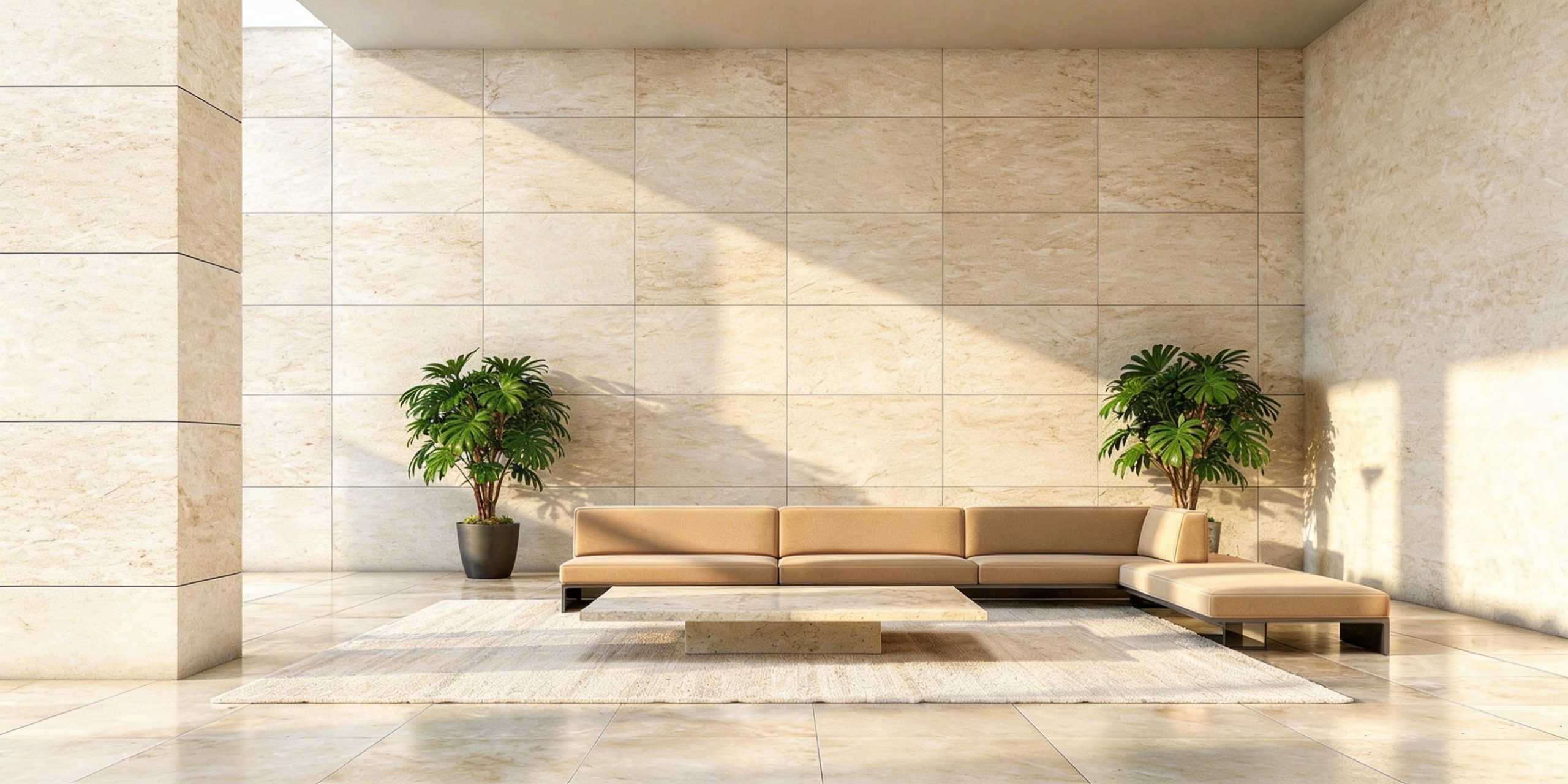 Large travertine effect tiles in a contemporary style
