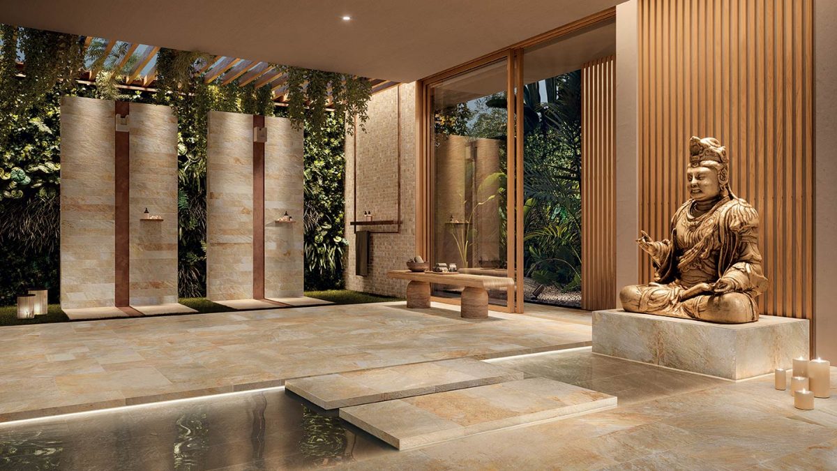 Biophilic design with stone effect tiles